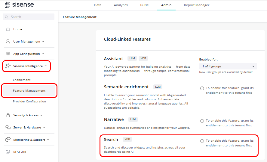 Admin Intelligence FeatMgmt Search