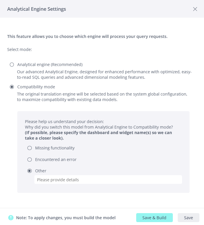 Analytical engine settings