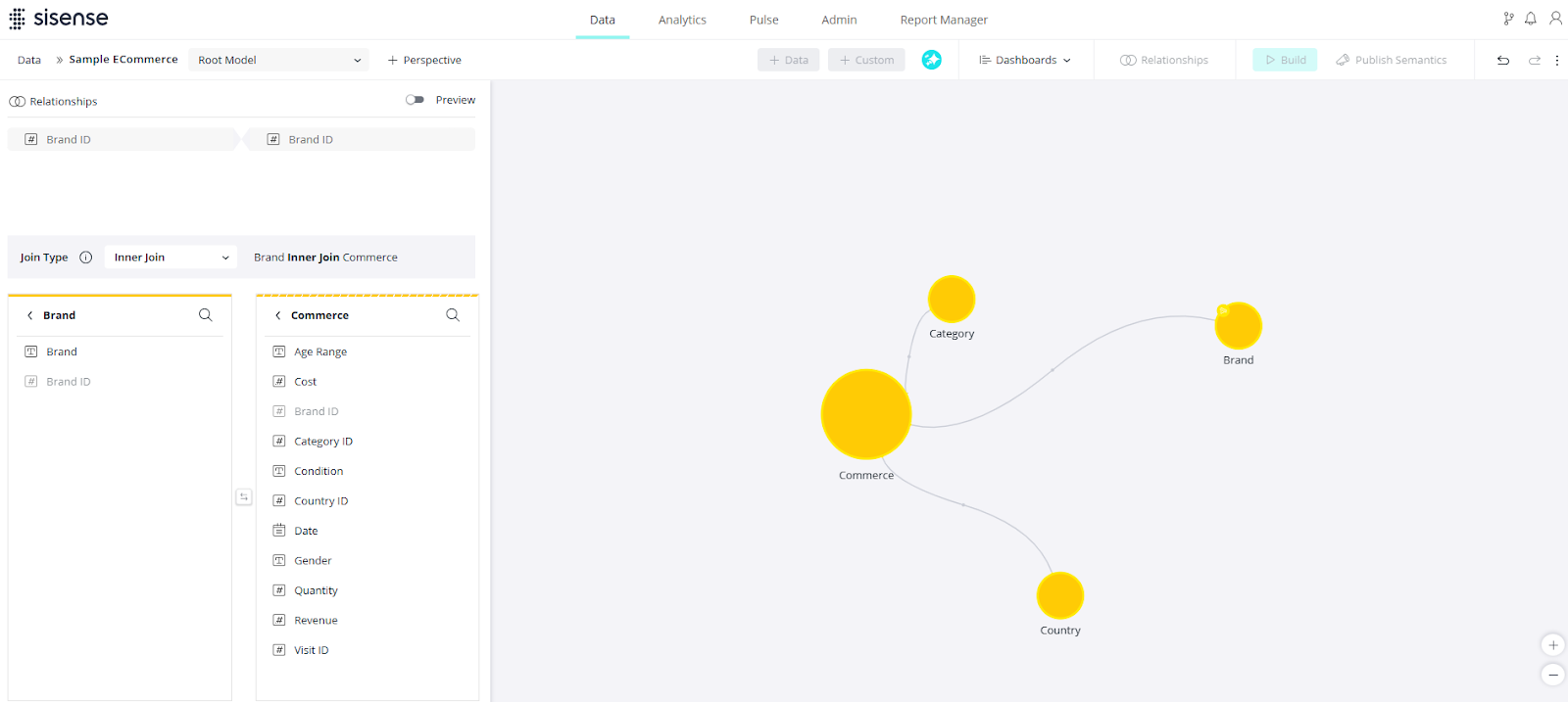 Data view relationships panel