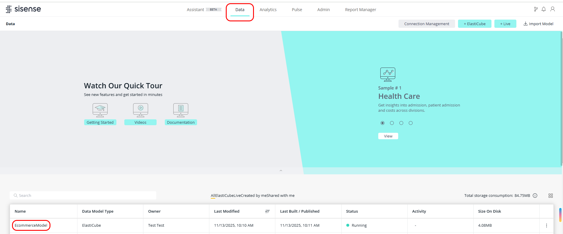 Data tab select model