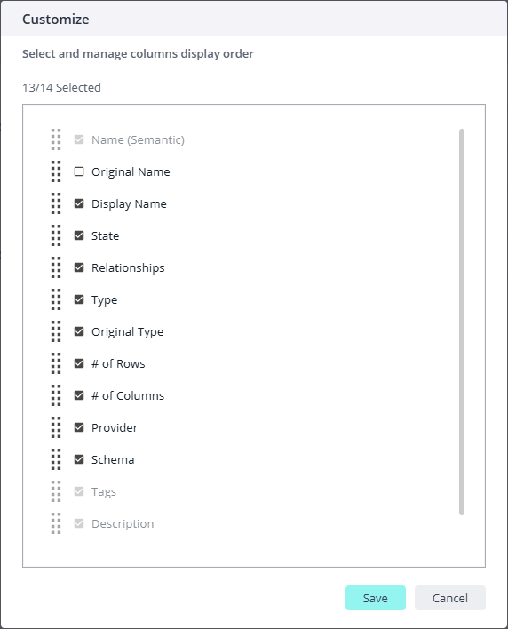 Perspectives customize columns