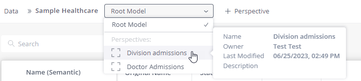 Perspectives drop down list with pop up details