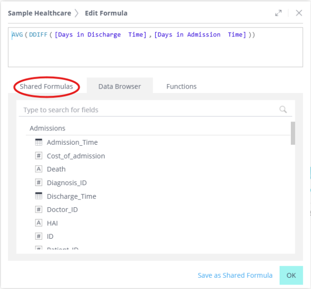 Shared formulas tab circled