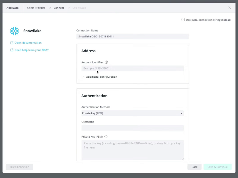 Snowflake guided connection form