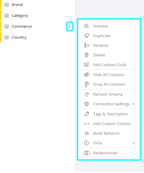Table options menu