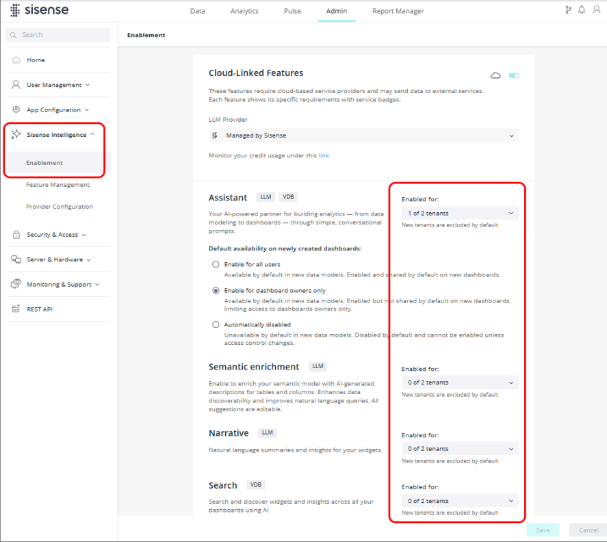 Tenant-level AI feature access settings under Admin, Sisense Intelligence, Enablement