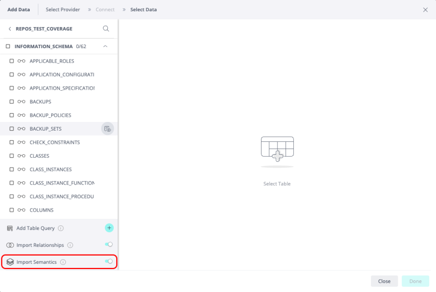 Import Semantics toggle in the Snowflake connector's Add Data dialog