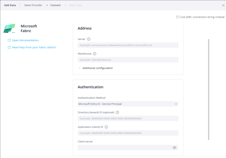 Microsoft Fabric guided connection form with Address and Authentication sections