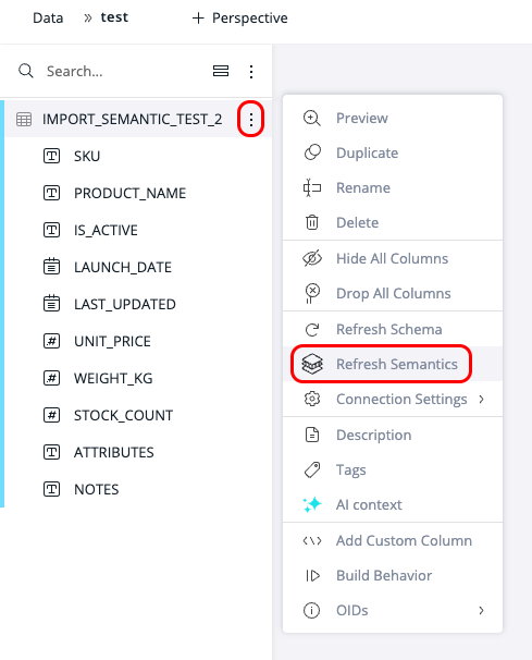 Refresh Semantics option in a table's context menu