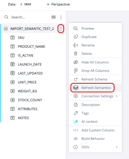Refresh Semantics option in a table's context menu