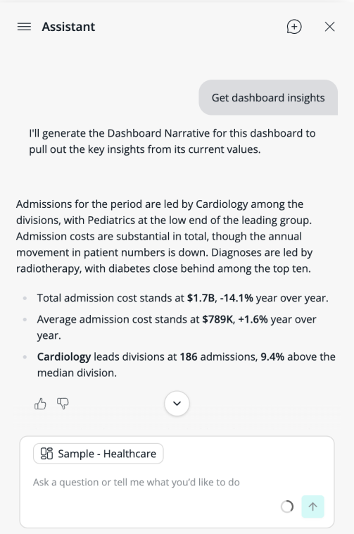 Assistant reply to Get dashboard insights, showing a dashboard overview followed by three key insights