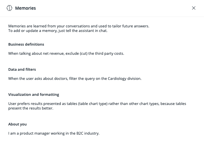 Memories panel listing saved memories under Business definitions, Data and filters, Visualization and formatting, and About you