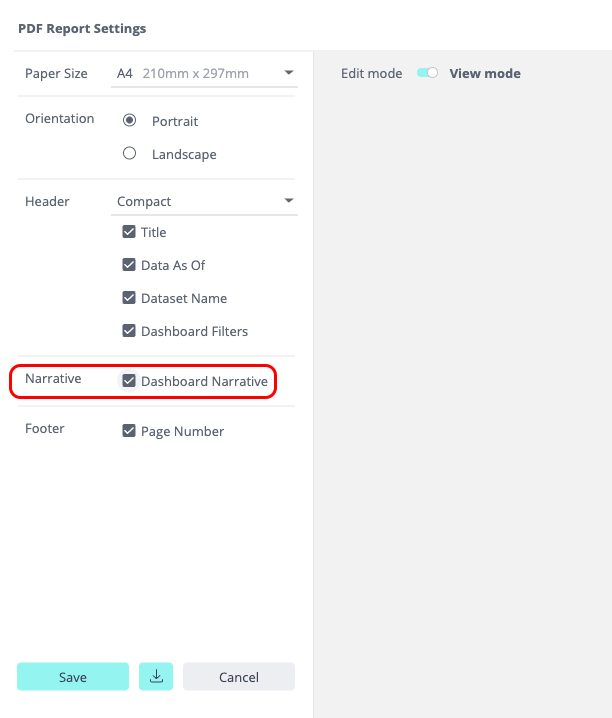 PDF Report Settings panel with the Dashboard Narrative option selected under Narrative
