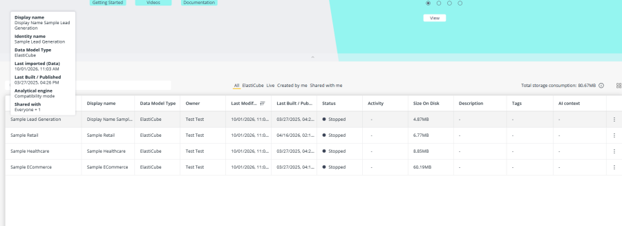 Data page in List view with a tooltip showing a data model's display name, identity name, type, and build details