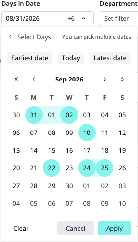 Calendar filter in multi-select mode with several dates selected, a +6 overflow counter, and Earliest date, Today, and Latest date buttons