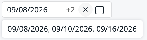 Calendar filter overflow counter tooltip listing all selected dates