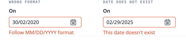 Calendar filter validation errors for a date in the wrong format and for a date that does not exist