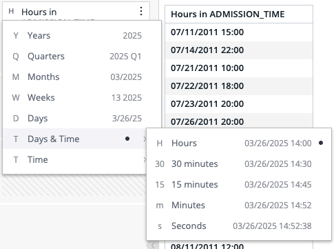 Date level menu with Days & Time expanded, showing Hours, 30 minutes, 15 minutes, Minutes, and Seconds sub-levels with example values