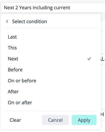 Date condition filter with the Select condition list open, showing the Last, This, Next, Before, On or before, After, and On or after operators