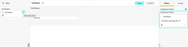 Widget editor with the Filter field values icon on a field in the left panel and the Dimension Filters section in the Filters tab highlighted