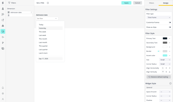 Time Frame filter in the widget editor showing the list of default time frames, with Time Frame selected as the filter type