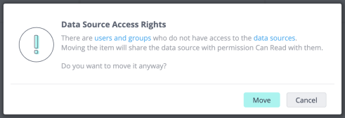 Data Source Access Rights dialog warning that some users and groups do not have access to the data sources