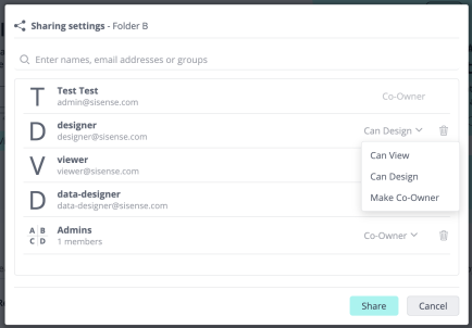Folder sharing dialog with the permission drop-down open, showing Can View, Can Design, and Make Co-Owner