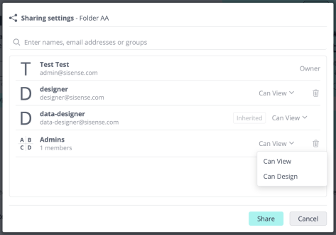 Folder sharing dialog listing the owner, users with Can View permission, an inherited share, and the permission drop-down with Can View and Can Design