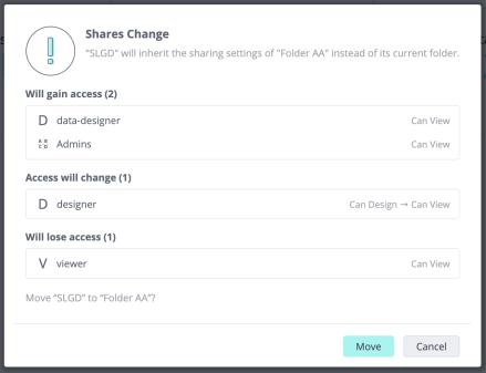 Shares Change notification listing the users and groups that will gain access, whose access will change, and that will lose access