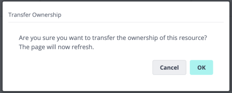 Transfer Ownership confirmation dialog with Cancel and OK buttons