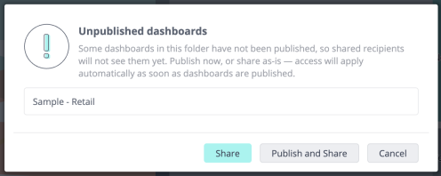 Unpublished dashboards notification listing a draft dashboard, with Share, Publish and Share, and Cancel buttons