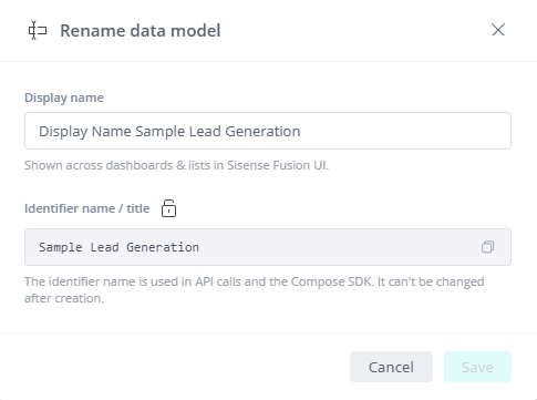 Rename data model window showing an editable Display name field and a read-only identity name field with a copy icon