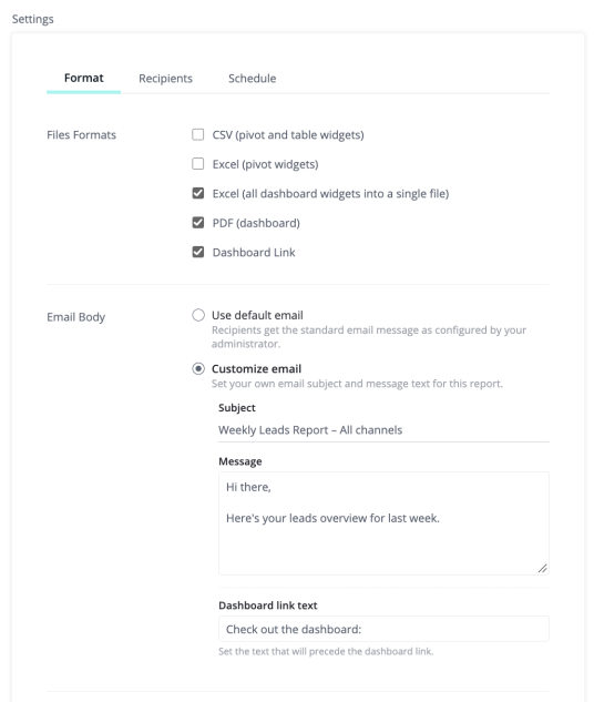 Report settings Format tab with the Customize email option selected, showing Subject, Message, and Dashboard link text fields